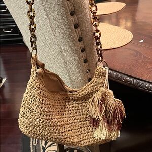 Handcrafted Tan Woven Bag with Tassels